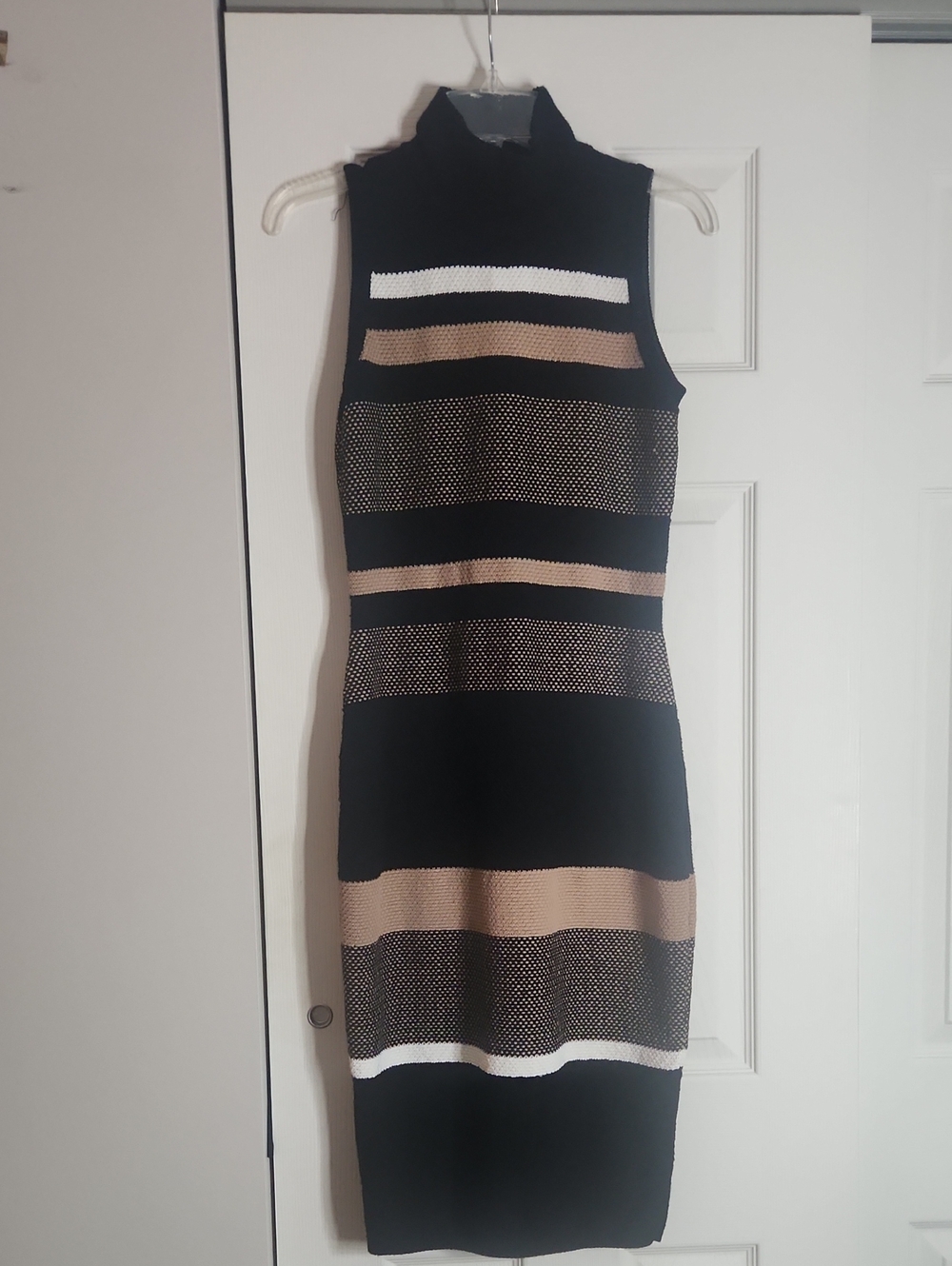 White House Black Market Black, Tan & White Striped Sleeveless Midi Dress